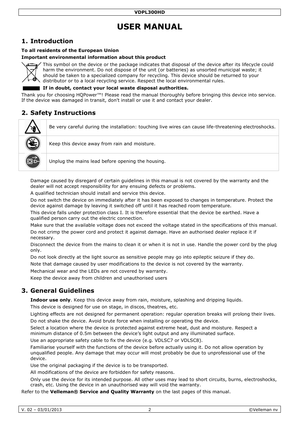 User manual, Introduction, Safety instructions | General guidelines | Velleman VDPL300HD User Manual | Page 2 / 31