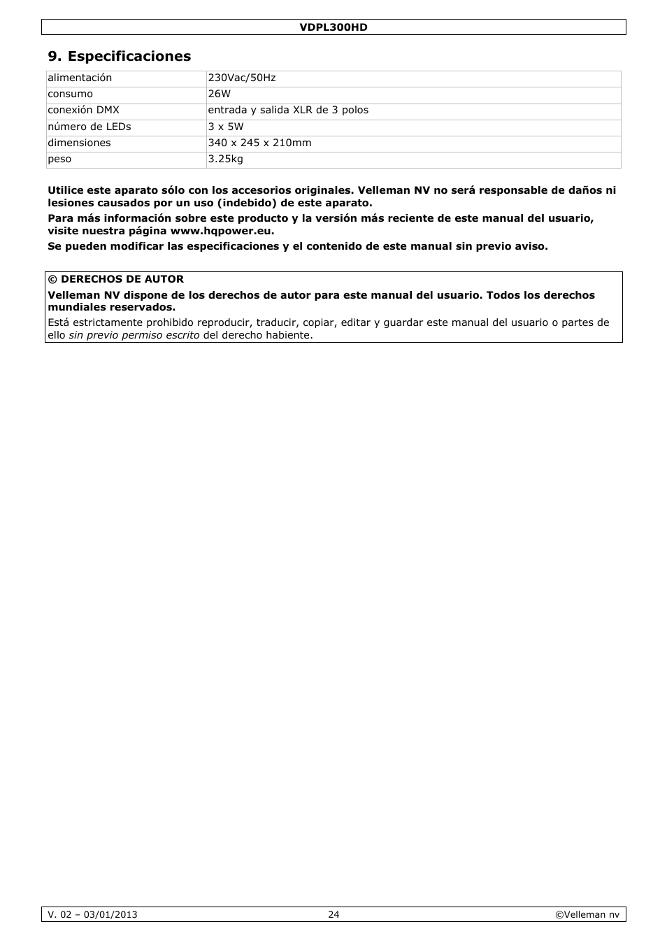 Especificaciones | Velleman VDPL300HD User Manual | Page 24 / 31