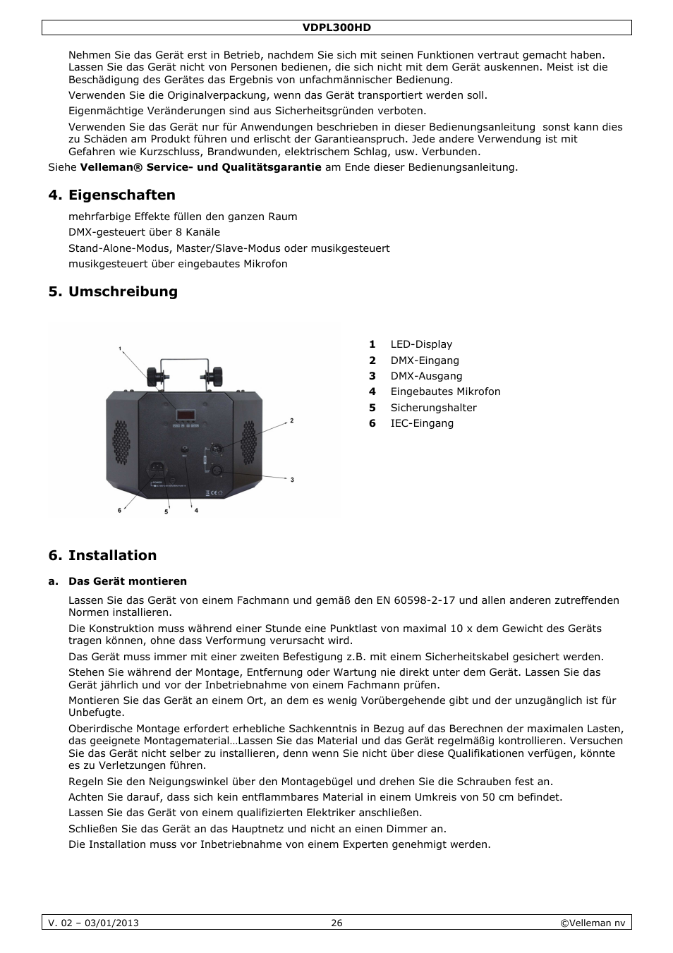 Eigenschaften, Umschreibung, Installation | Velleman VDPL300HD User Manual | Page 26 / 31