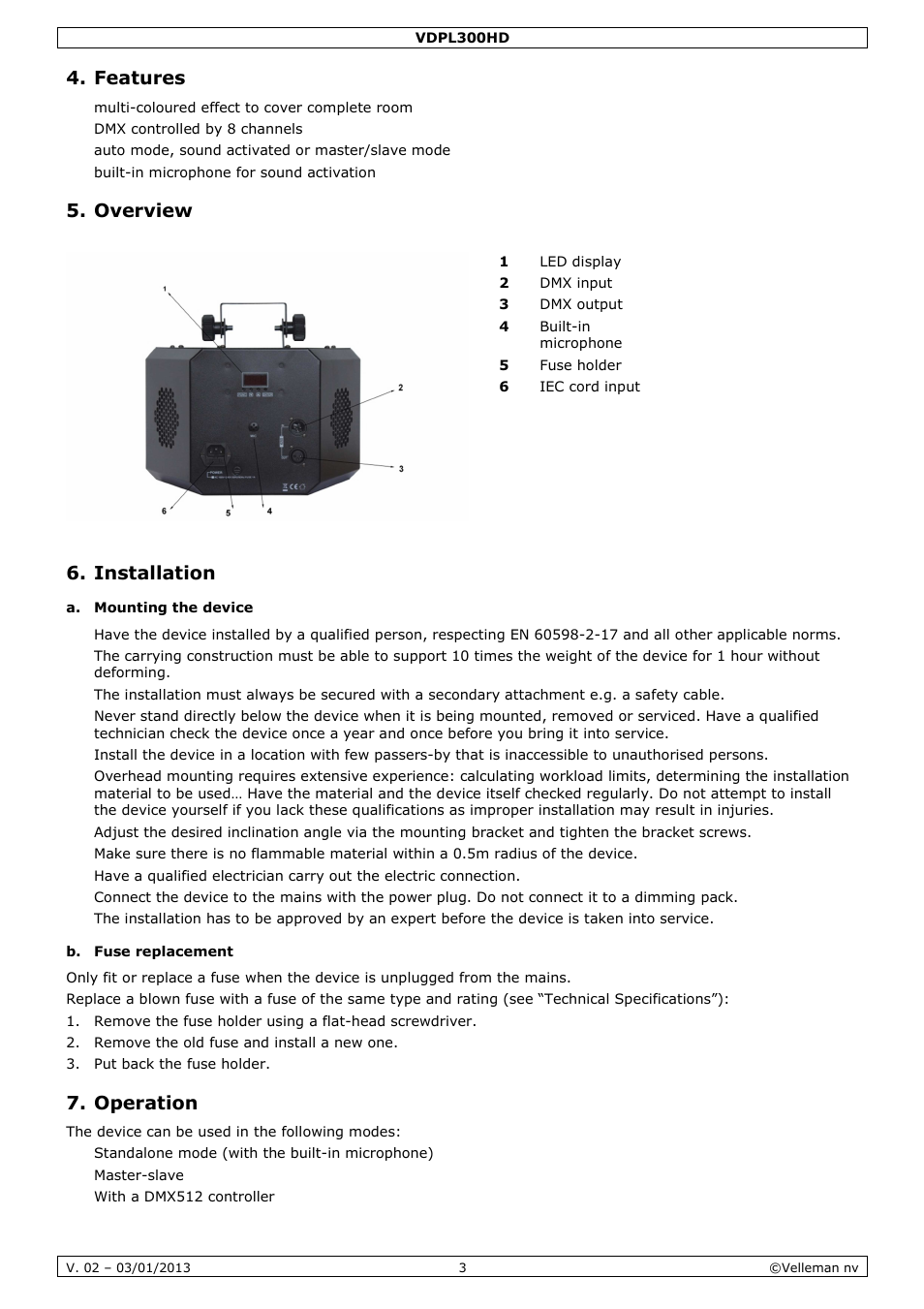 Features, Overview, Installation | Operation | Velleman VDPL300HD User Manual | Page 3 / 31
