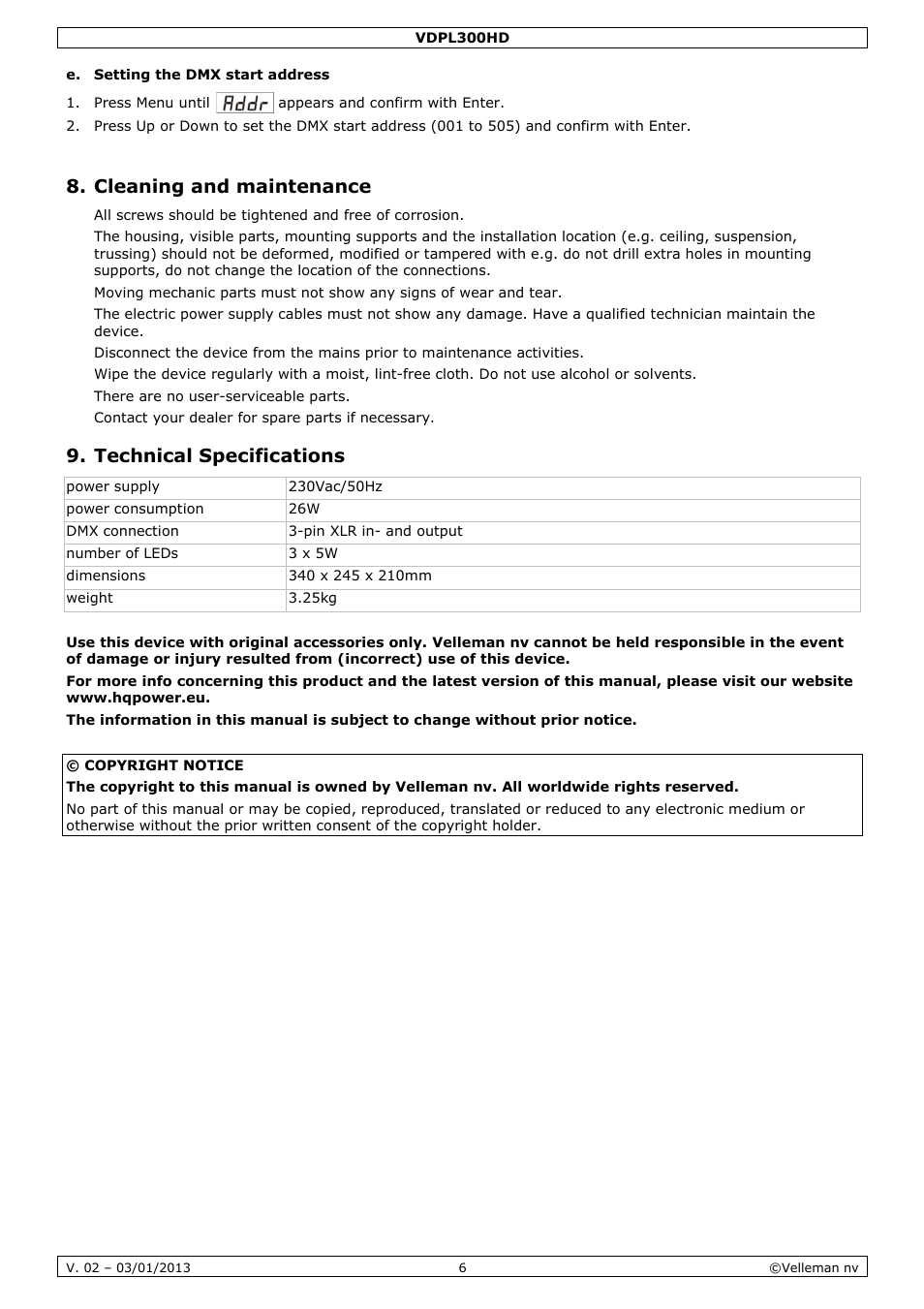 Cleaning and maintenance, Technical specifications | Velleman VDPL300HD User Manual | Page 6 / 31