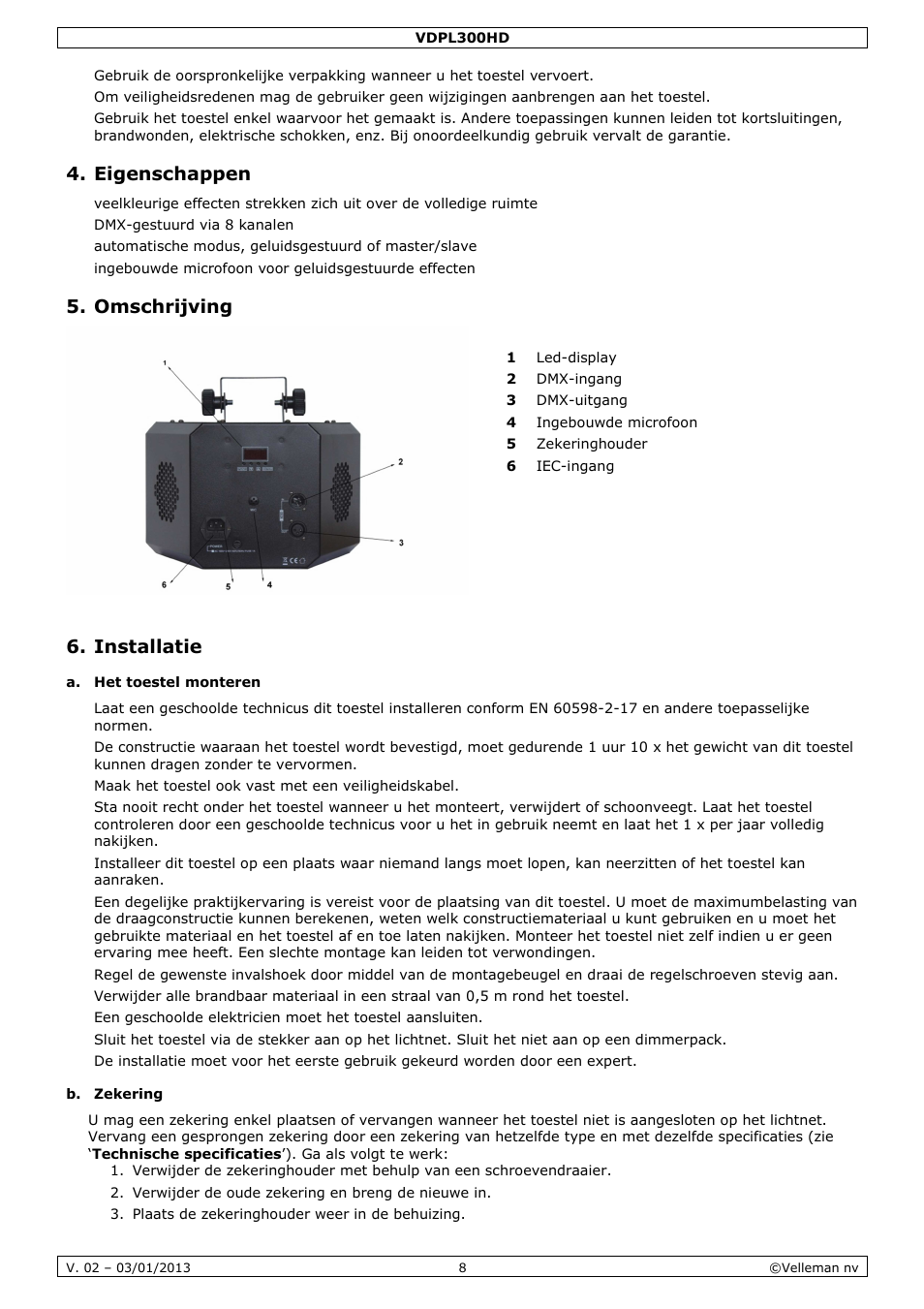 Eigenschappen, Omschrijving, Installatie | Velleman VDPL300HD User Manual | Page 8 / 31