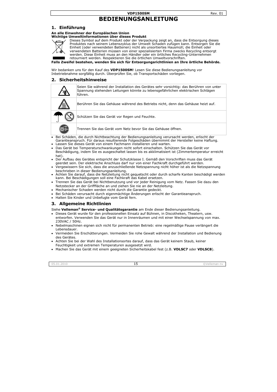 Bedie, Enungs, Anleitu | Velleman VDP1500SM User Manual | Page 15 / 19