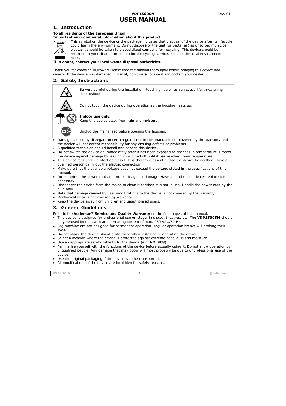 User ma, Anual | Velleman VDP1500SM User Manual | Page 3 / 19