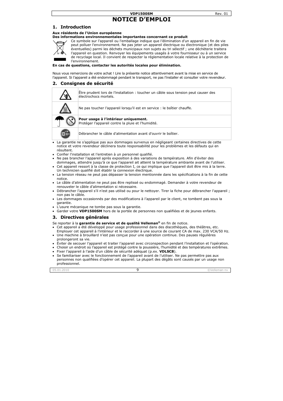 Otice d, Emploi | Velleman VDP1500SM User Manual | Page 9 / 19