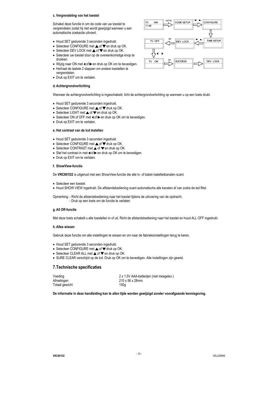 Technische specificaties | Velleman VRC801D2 User Manual | Page 10 / 52