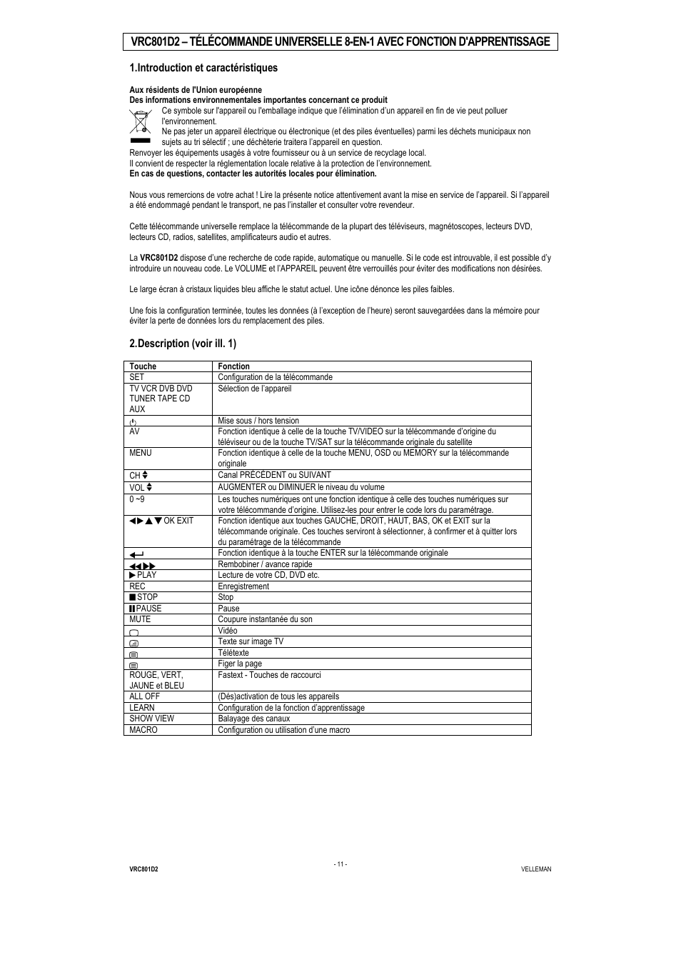 Introduction et caractéristiques, Description (voir ill. 1) | Velleman VRC801D2 User Manual | Page 11 / 52