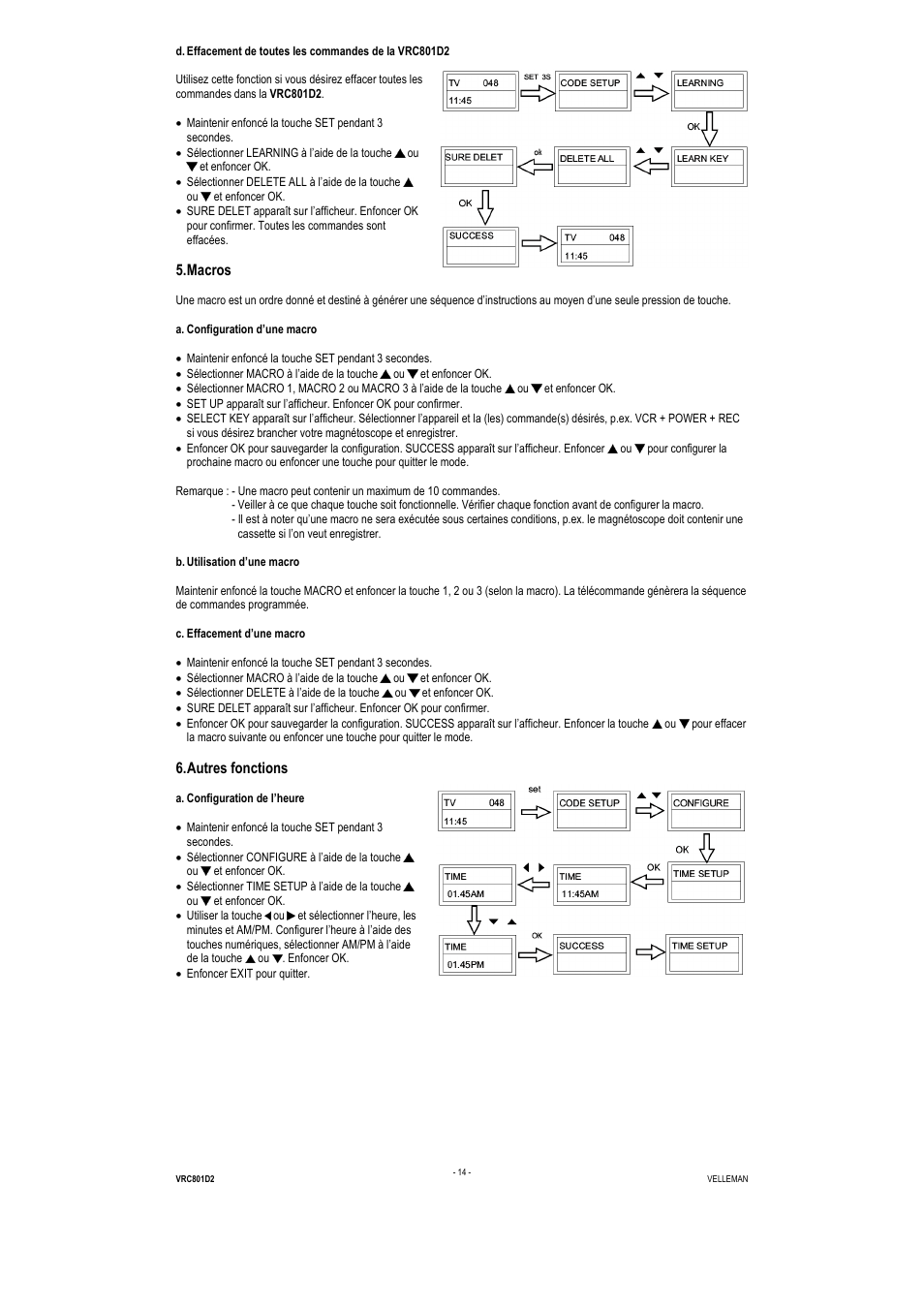 Macros, Autres fonctions | Velleman VRC801D2 User Manual | Page 14 / 52