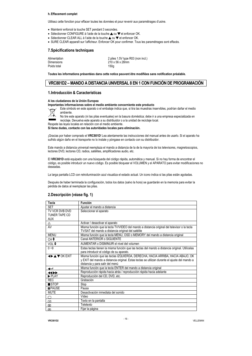 Spécifications techniques, Introducción & características, Descripción (véase fig. 1) | Velleman VRC801D2 User Manual | Page 16 / 52