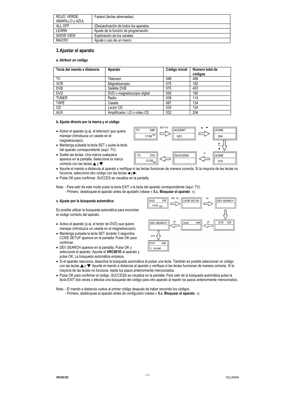 Ajustar el aparato | Velleman VRC801D2 User Manual | Page 17 / 52