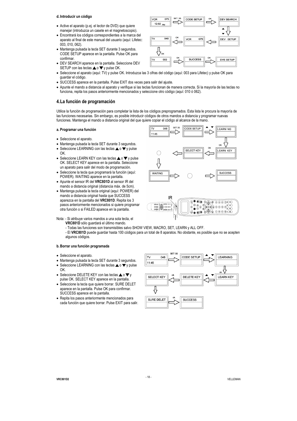 La función de programación | Velleman VRC801D2 User Manual | Page 18 / 52