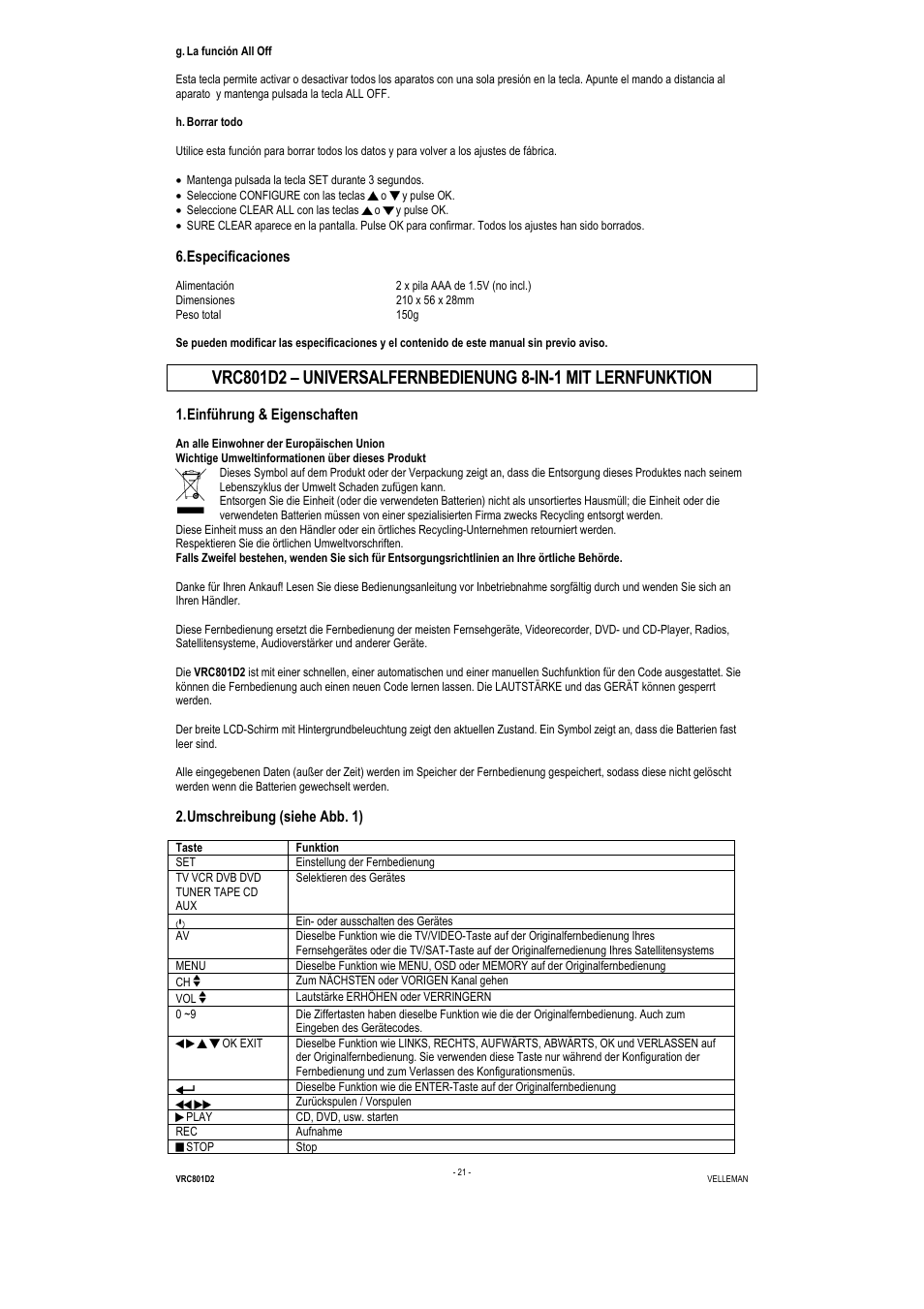 Especificaciones, Einführung & eigenschaften, Umschreibung (siehe abb. 1) | Velleman VRC801D2 User Manual | Page 21 / 52