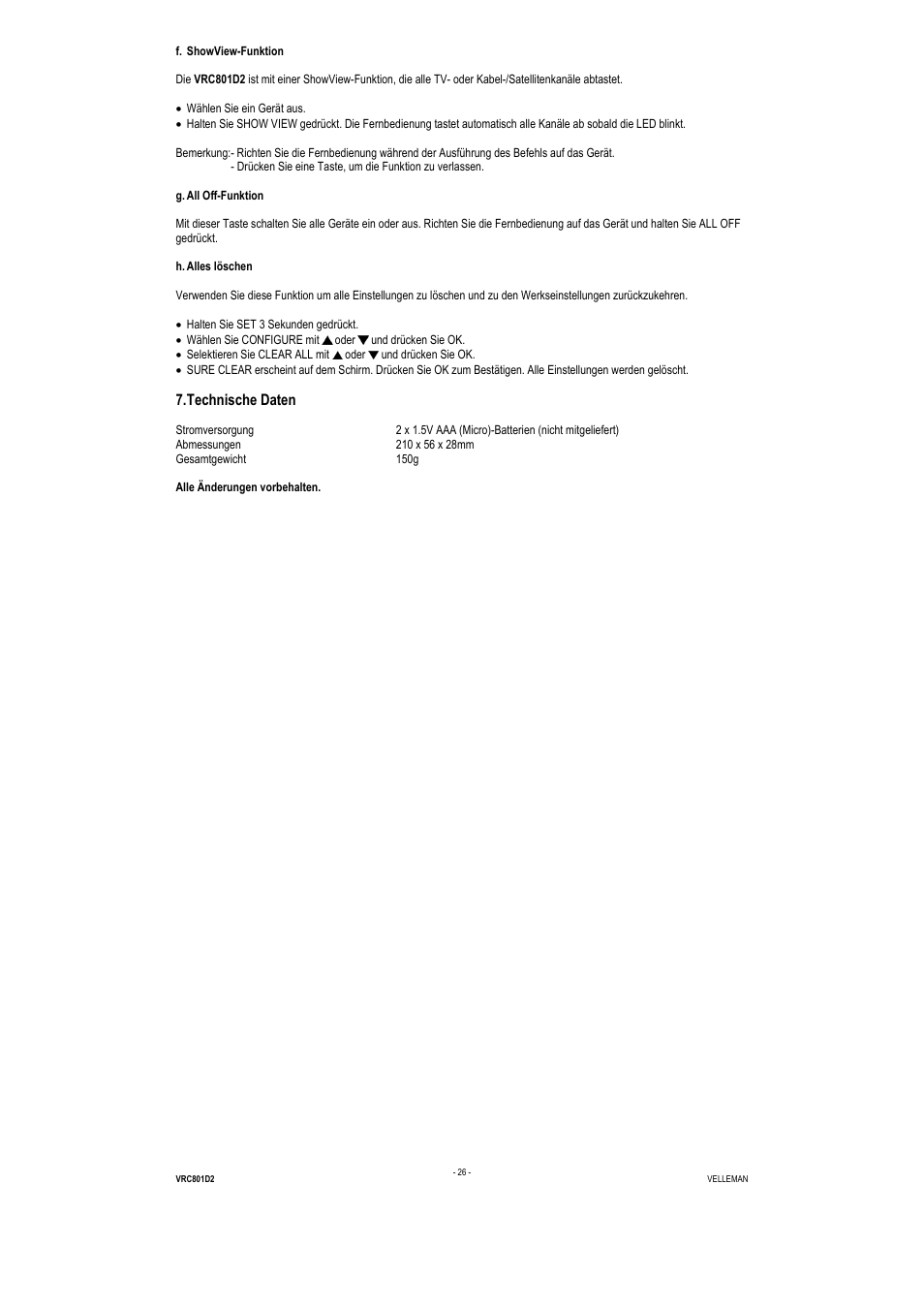 Technische daten | Velleman VRC801D2 User Manual | Page 26 / 52