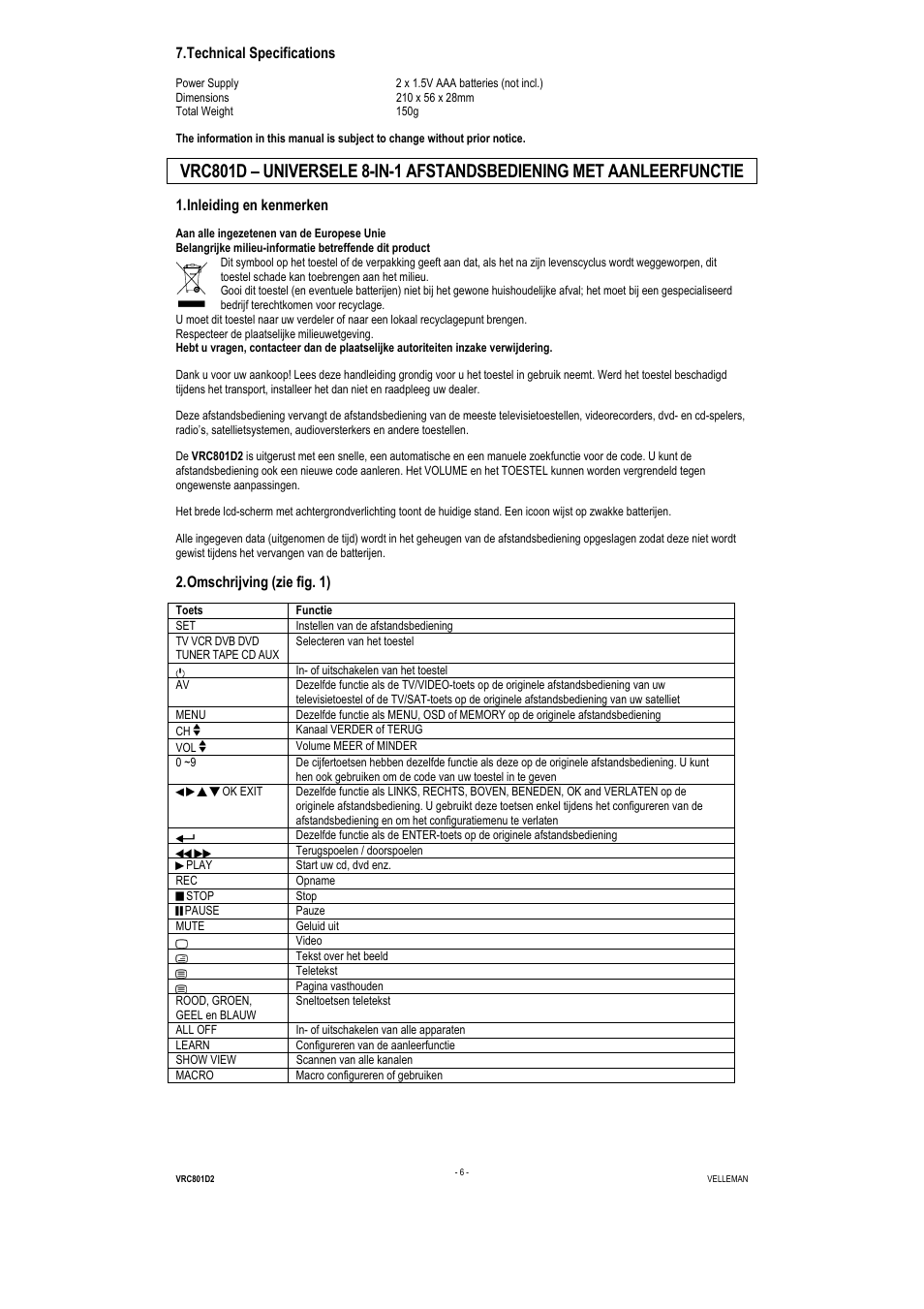 Technical specifications, Inleiding en kenmerken, Omschrijving (zie fig. 1) | Velleman VRC801D2 User Manual | Page 6 / 52