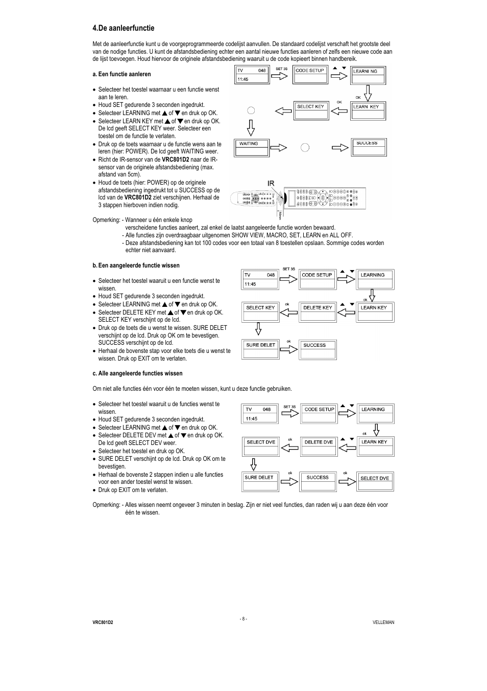 De aanleerfunctie | Velleman VRC801D2 User Manual | Page 8 / 52