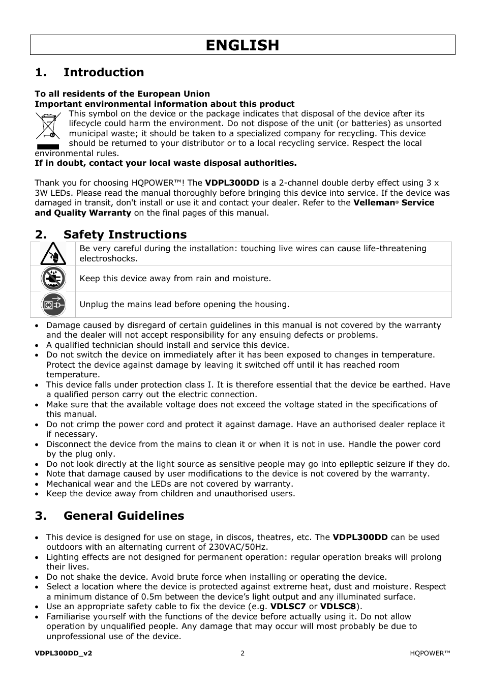 Nglis, Intr, Safe | Roductio, Ety inst, Eral gu, Truction, Uideline | Velleman VDPL300DD User Manual | Page 2 / 23
