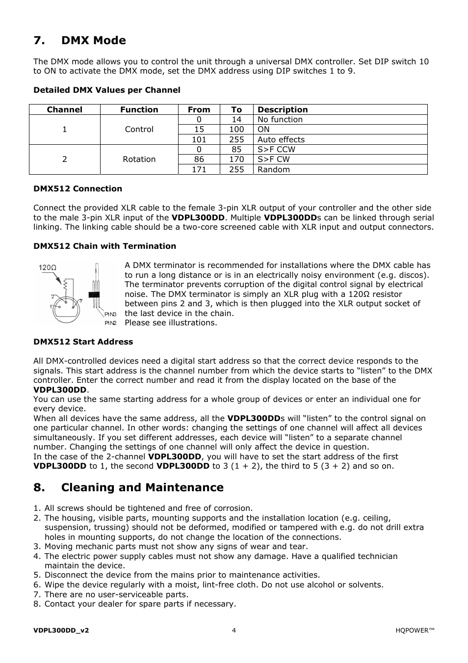 Dmx mode, Cleaning and maintenance | Velleman VDPL300DD User Manual | Page 4 / 23
