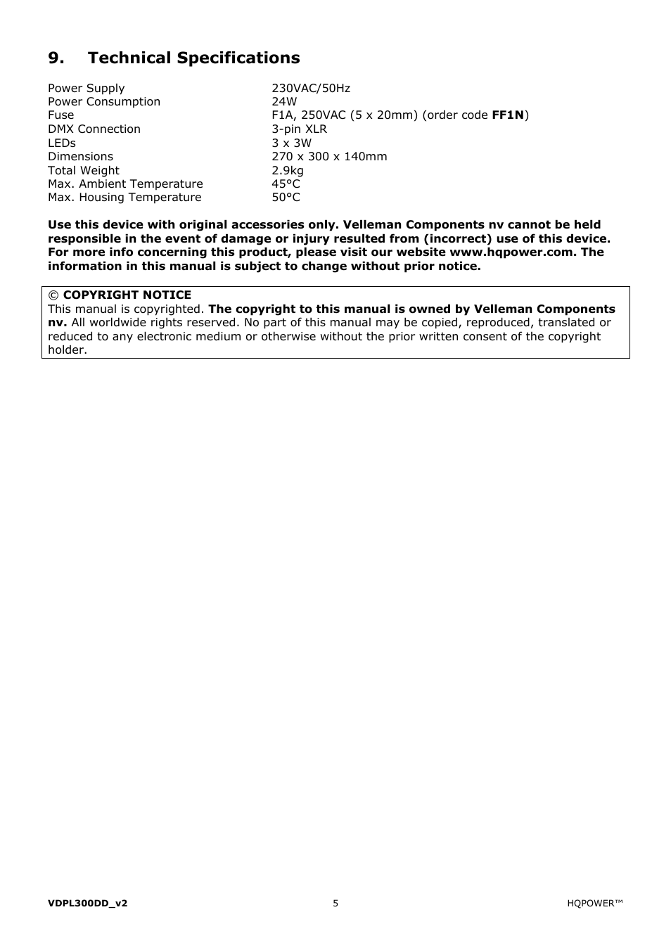 Technical specifications | Velleman VDPL300DD User Manual | Page 5 / 23