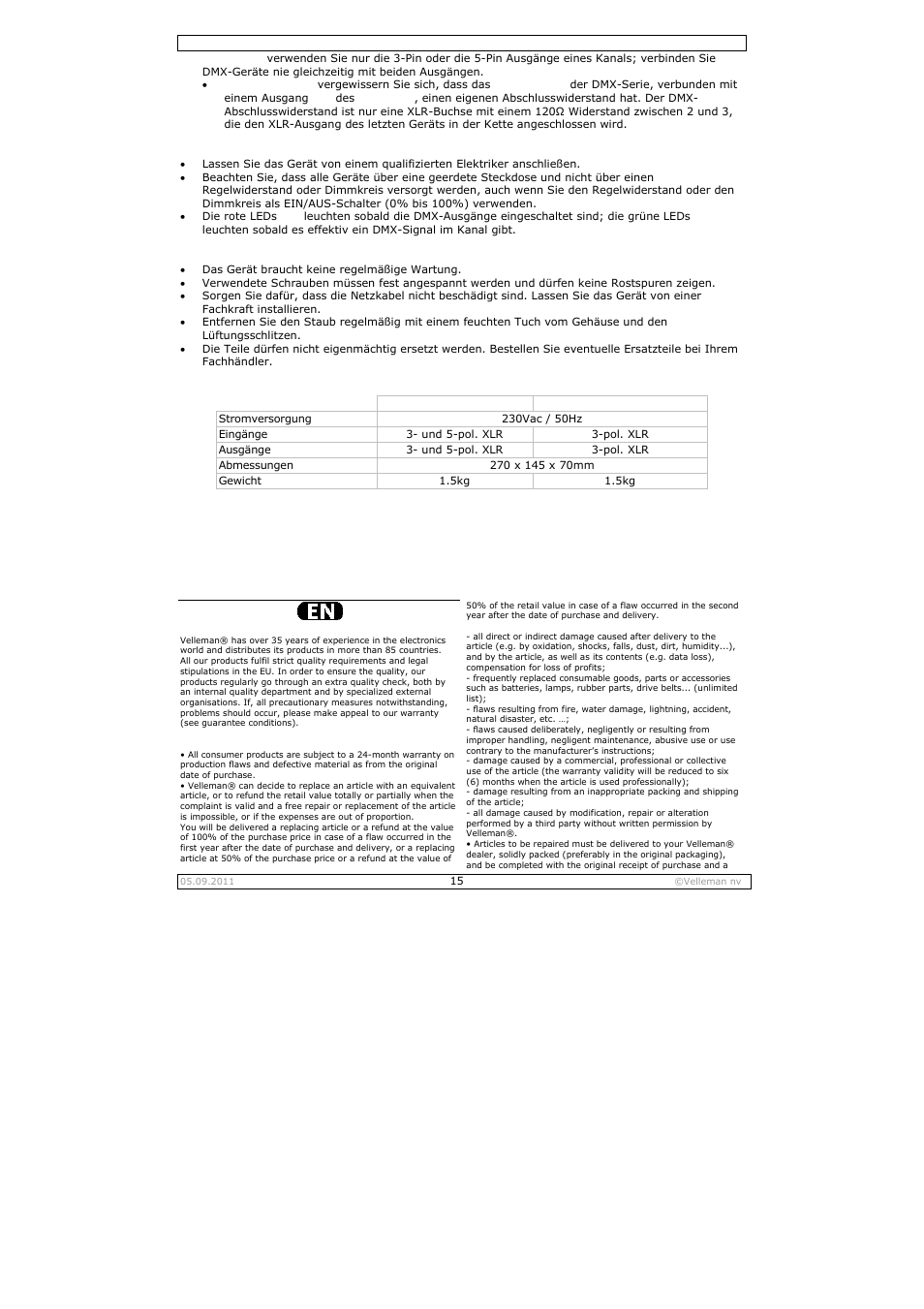 Anwendung, Reinigung und wartung, Technische daten | Velleman VDPSP0x User Manual | Page 15 / 17