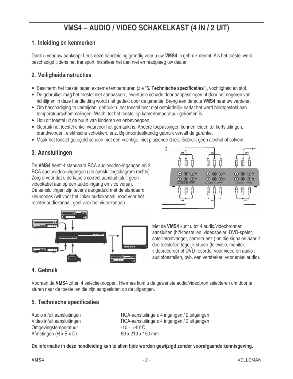 Vms4 – audio / video schakelkast (4 in / 2 uit) | Velleman VMS3 User Manual | Page 2 / 5