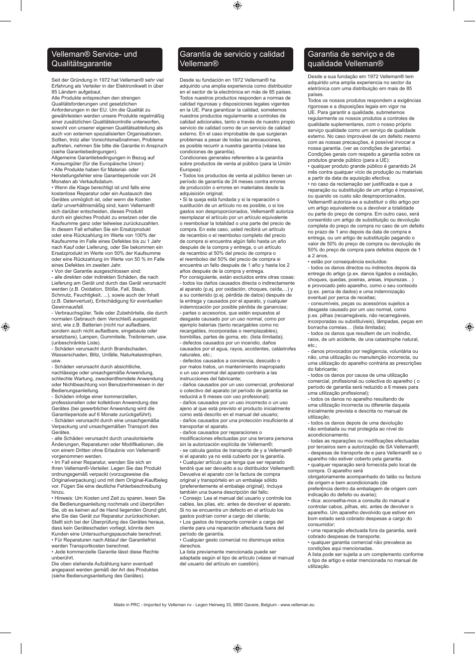 Velleman® service- und qualitätsgarantie, Garantía de servicio y calidad velleman, Garantia de serviço e de qualidade velleman | Velleman WB040 User Manual | Page 10 / 10