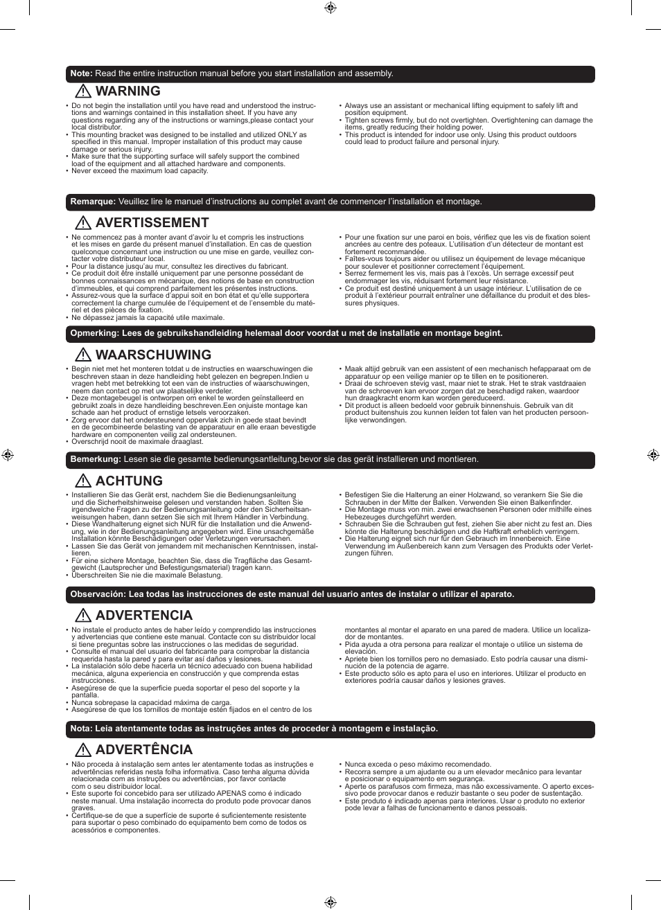 Warning, Avertissement, Waarschuwing | Advertencia, Achtung, Advertência | Velleman WB040 User Manual | Page 2 / 10