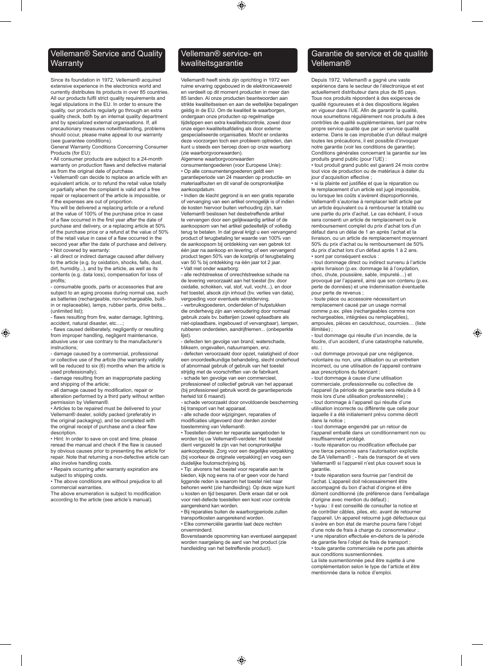 Velleman® service and quality warranty, Velleman® service- en kwaliteitsgarantie, Garant garantie de service et de qualité velleman | Velleman WB040 User Manual | Page 9 / 10