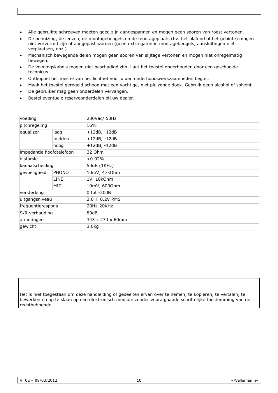 Reiniging en onderhoud, Technische specificaties | Velleman VDSMP33 User Manual | Page 10 / 25