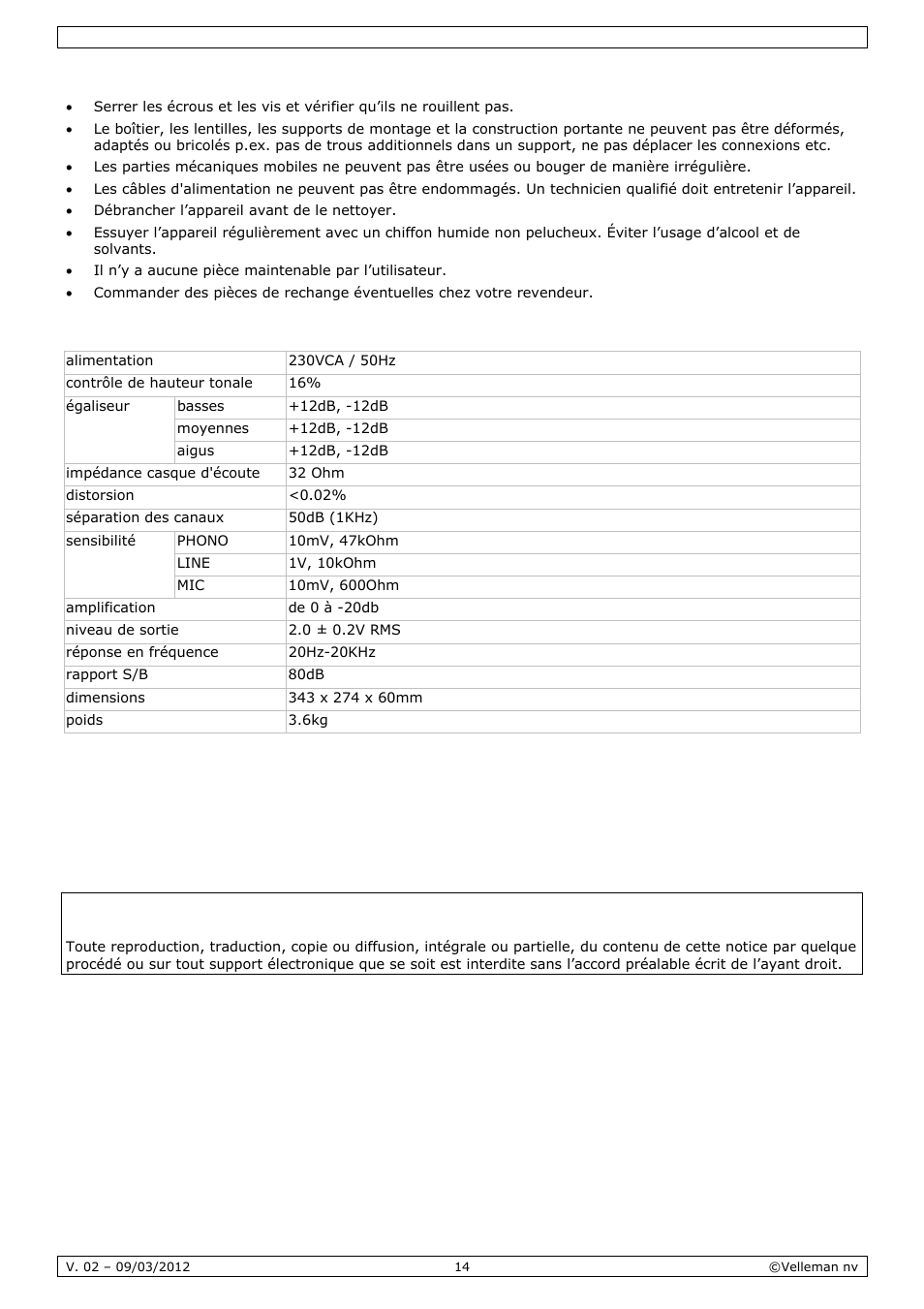 Nettoyage et entretien, Spécifications techniques | Velleman VDSMP33 User Manual | Page 14 / 25