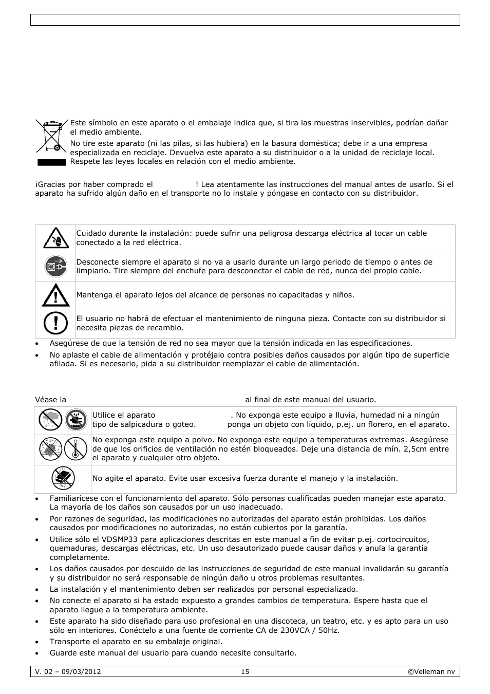 Manual del usuario, Anual, L del u | Usuar, Introdu, Instruc, Normas, Ucción, Cciones d, S genera | Velleman VDSMP33 User Manual | Page 15 / 25