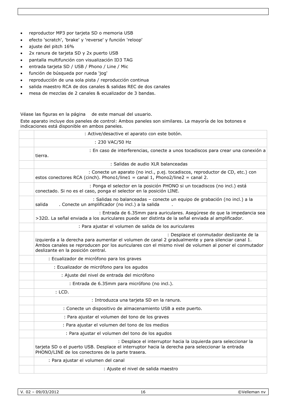 Características, Descripción | Velleman VDSMP33 User Manual | Page 16 / 25