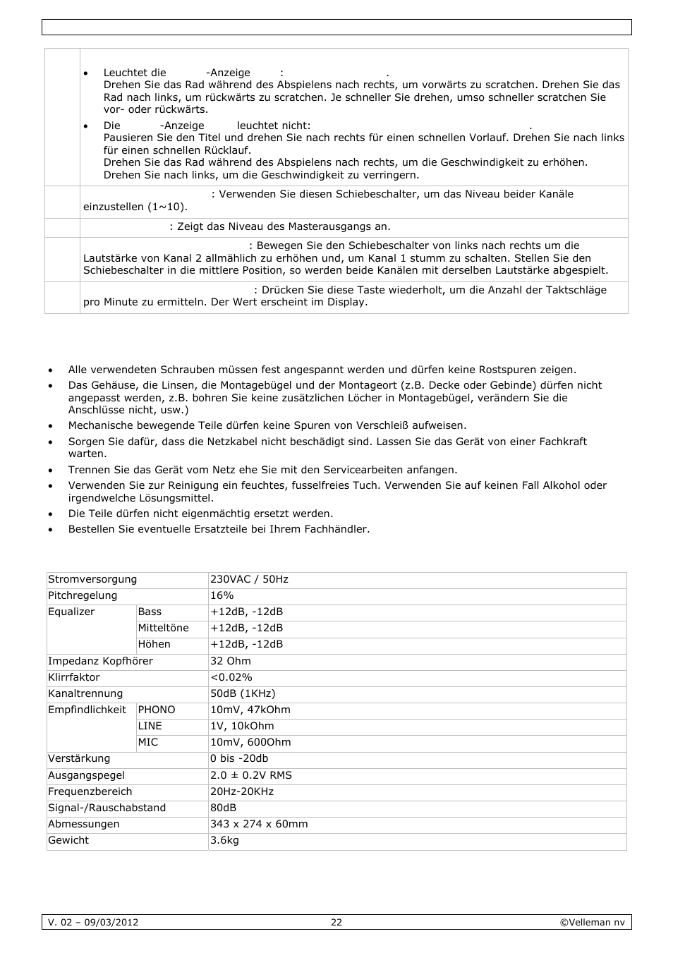 Reinigung und wartung, Technische daten | Velleman VDSMP33 User Manual | Page 22 / 25