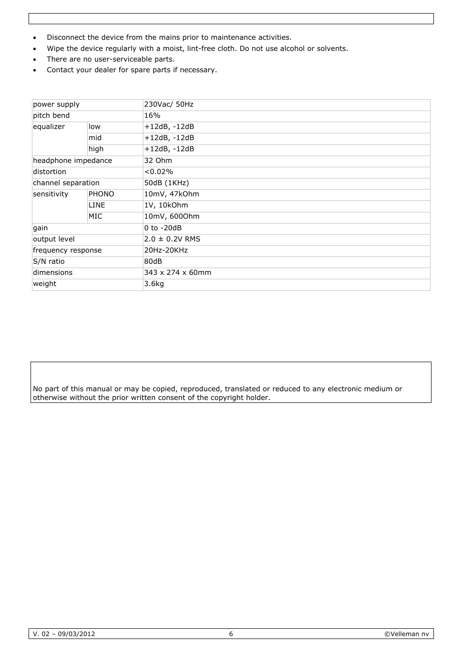 Technical specifications | Velleman VDSMP33 User Manual | Page 6 / 25
