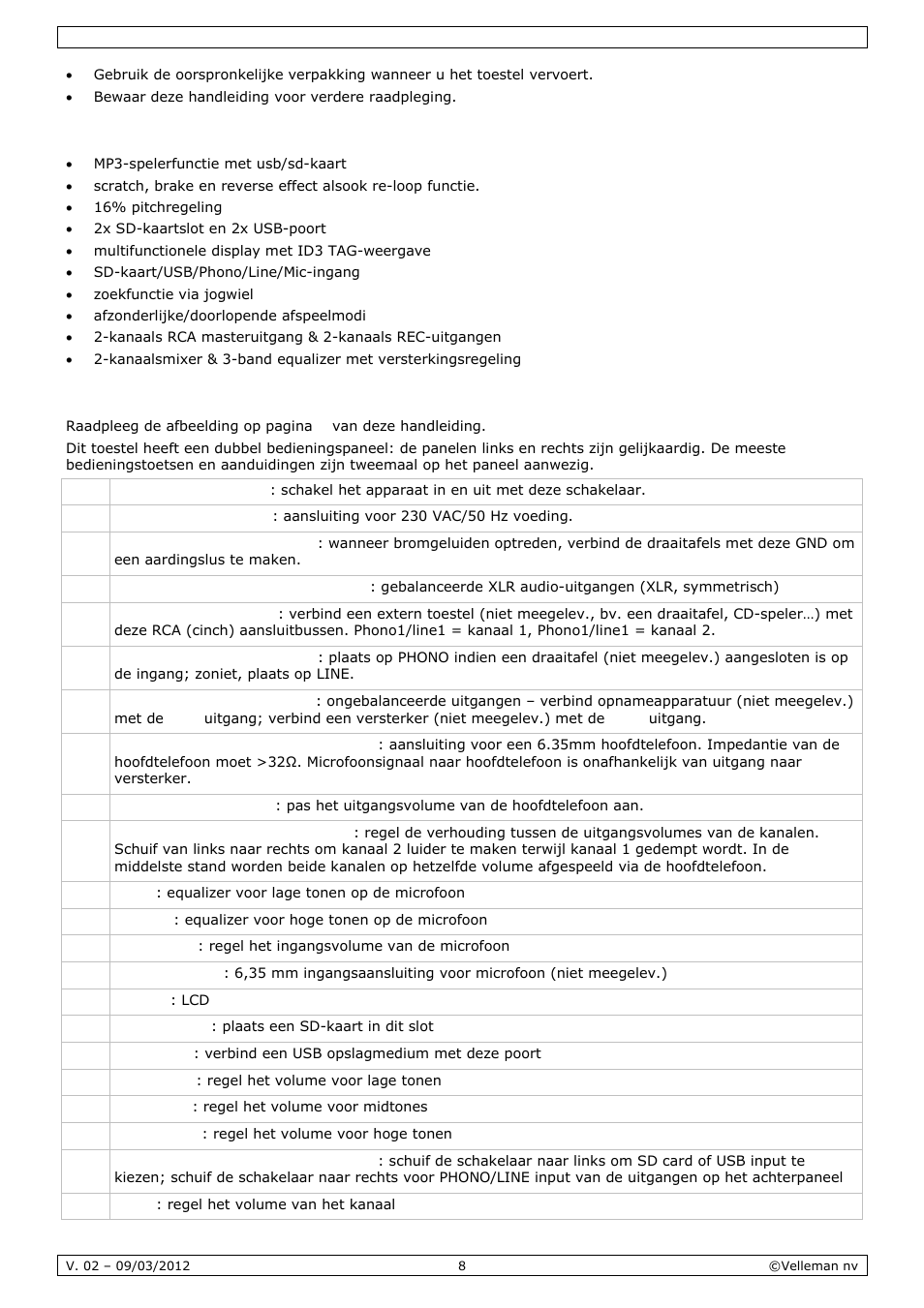 Eigenschappen, Omschrijving | Velleman VDSMP33 User Manual | Page 8 / 25