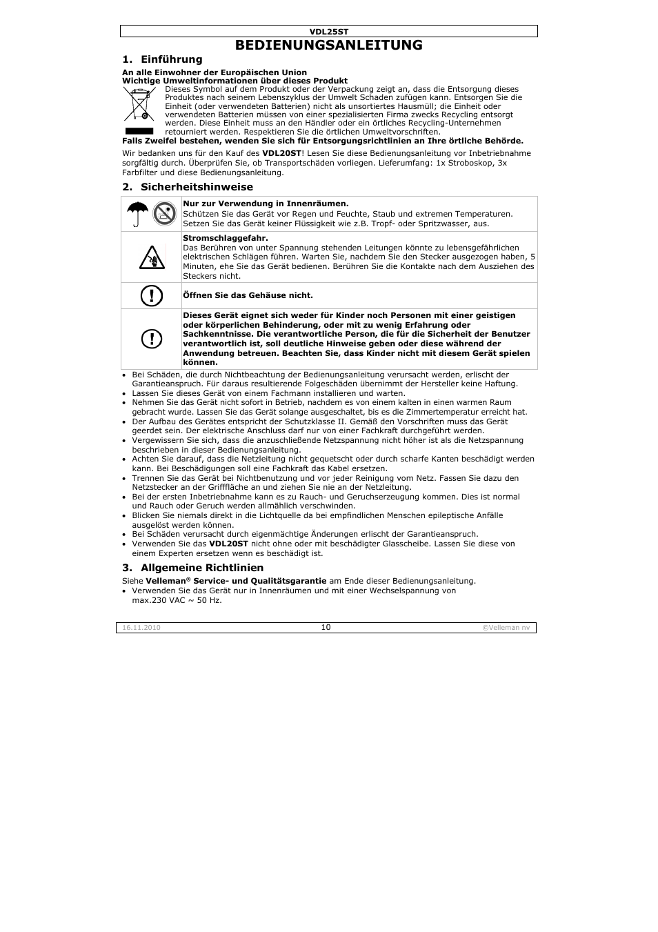 Bedie, Enungs, Anleitu | Velleman VDL25ST User Manual | Page 10 / 13