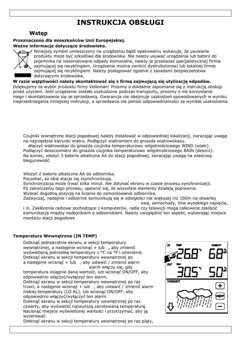Instrukcja obsługi, Wstęp, Ustawienie stacji | Funkcje | Velleman WS1080 User Manual | Page 34 / 49
