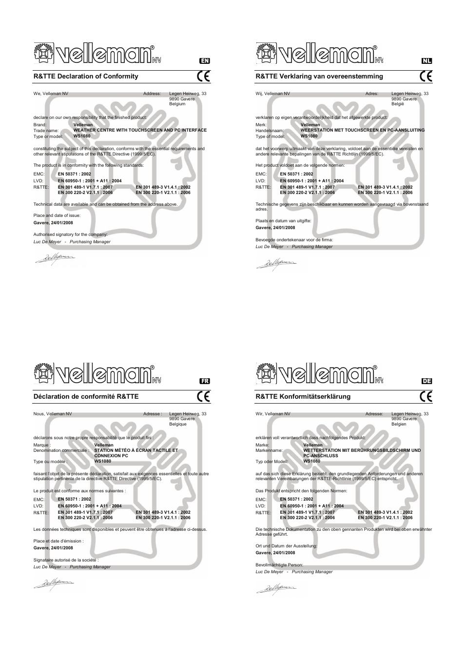 R&tte declaration of conformity, R&tte verklaring van overeenstemming, Déclaration de conformité r&tte | R&tte konformitätserklärung | Velleman WS1080 User Manual | Page 45 / 49
