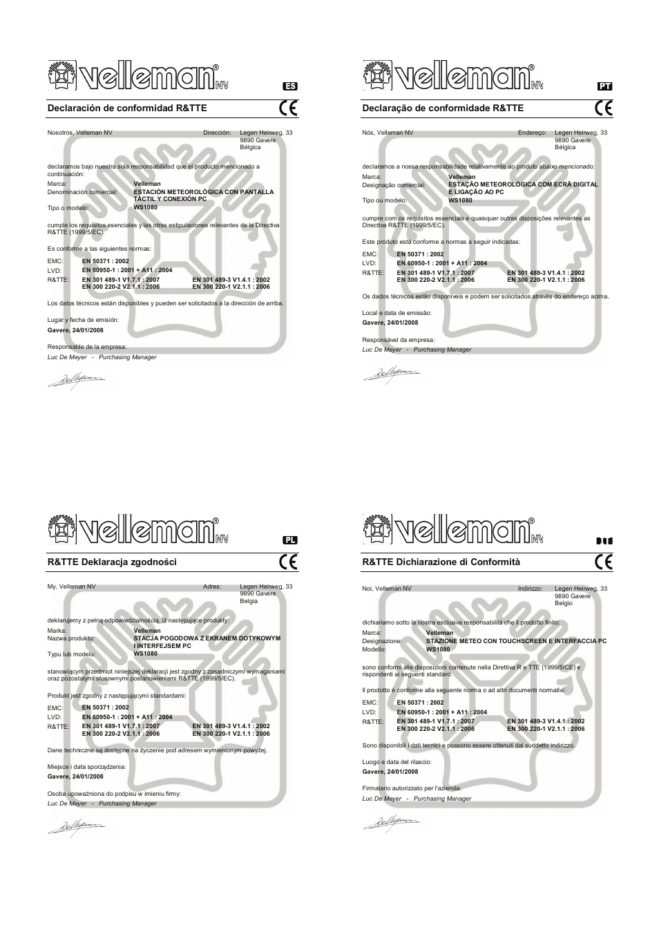 Declaración de conformidad r&tte, Declaração de conformidade r&tte, 5 77('hnodudfmd]jrgqrğfl | R&tte dichiarazione di conformità | Velleman WS1080 User Manual | Page 46 / 49