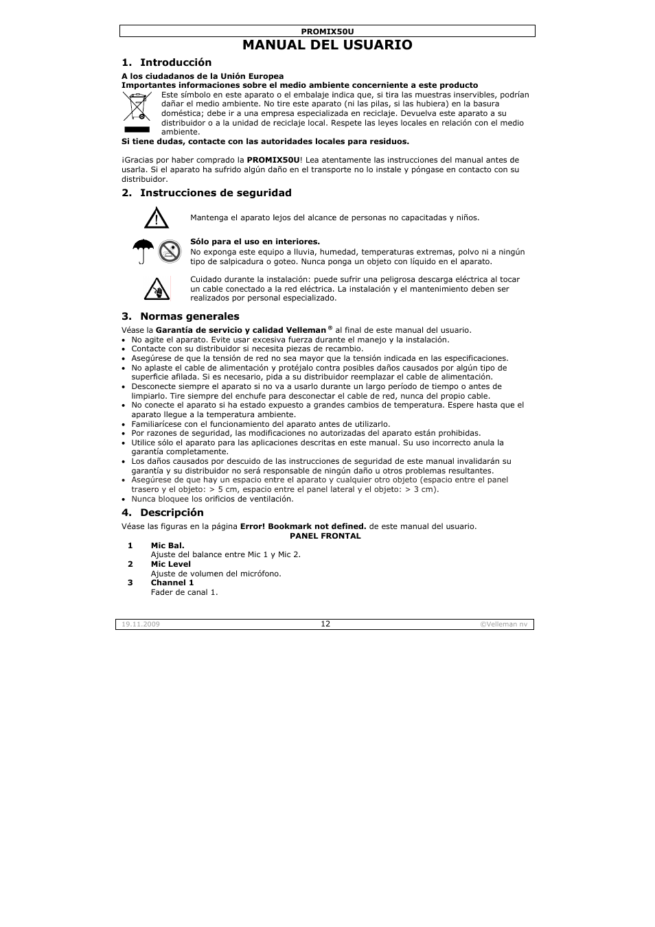 Nual del, L usuar | Velleman PROMIX50U User Manual | Page 12 / 19
