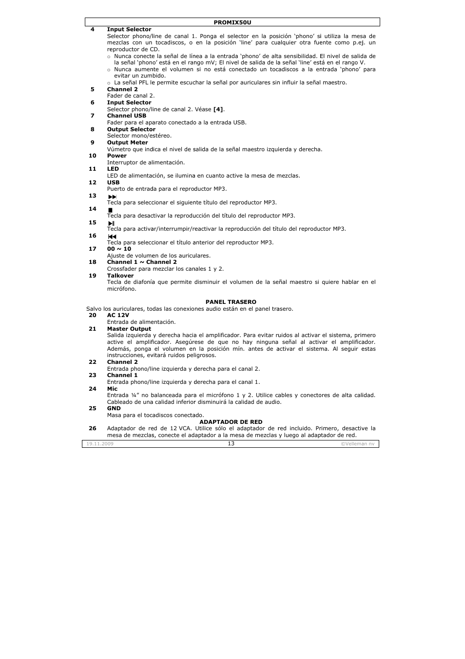 Velleman PROMIX50U User Manual | Page 13 / 19