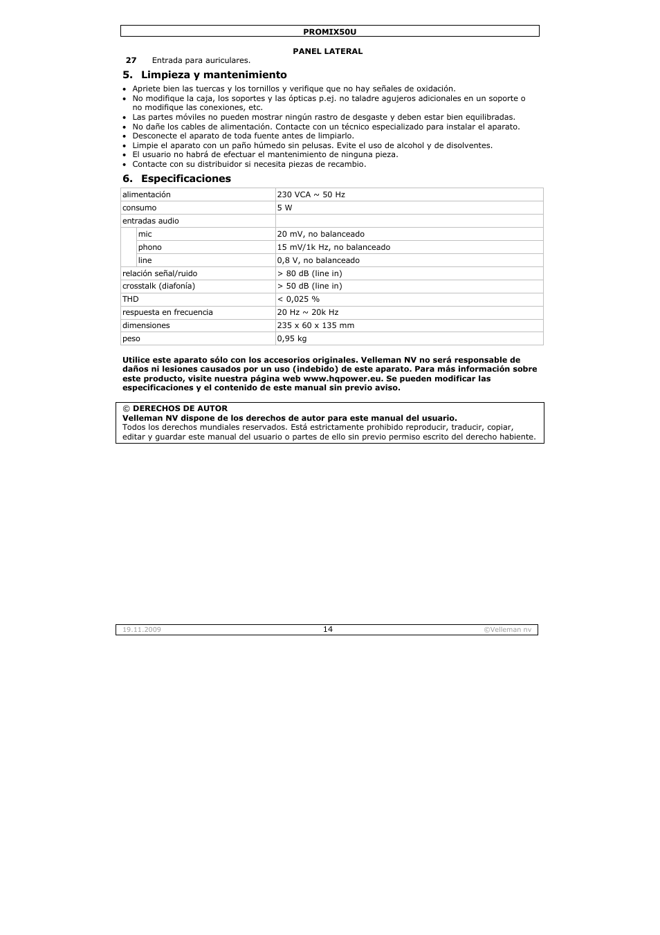 Velleman PROMIX50U User Manual | Page 14 / 19