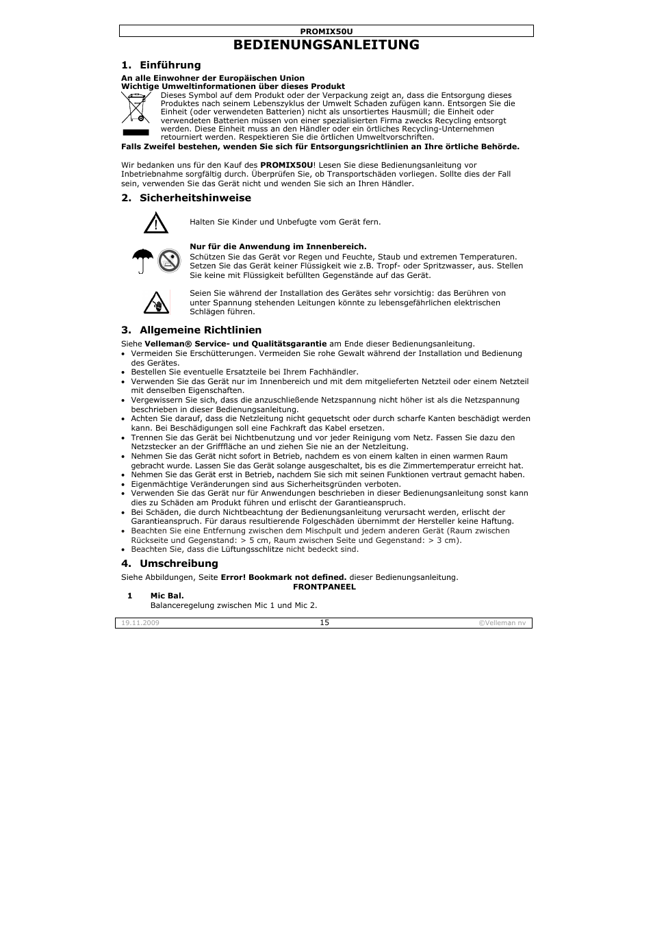 Bedie, Enungs, Anleitu | Velleman PROMIX50U User Manual | Page 15 / 19