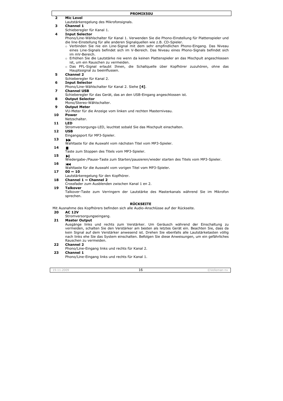 Velleman PROMIX50U User Manual | Page 16 / 19