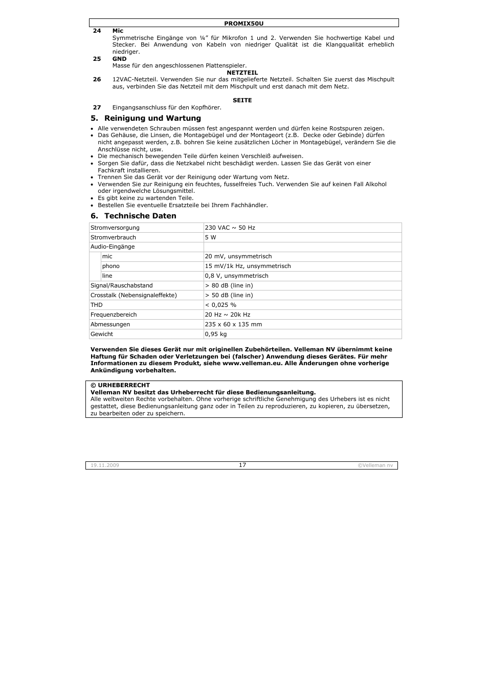 Velleman PROMIX50U User Manual | Page 17 / 19