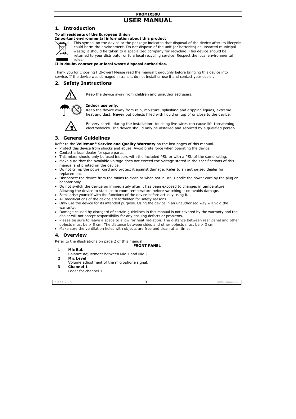 User ma, Anual | Velleman PROMIX50U User Manual | Page 3 / 19