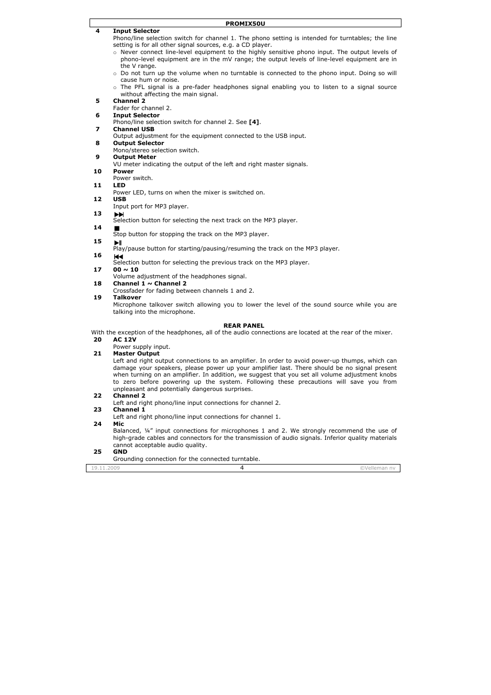 Velleman PROMIX50U User Manual | Page 4 / 19