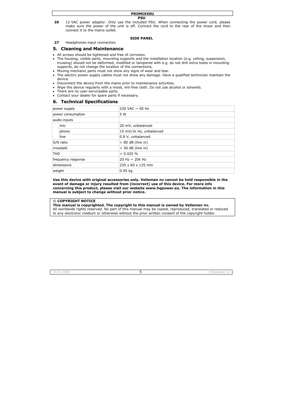 Velleman PROMIX50U User Manual | Page 5 / 19