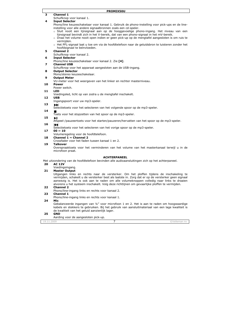 Velleman PROMIX50U User Manual | Page 7 / 19