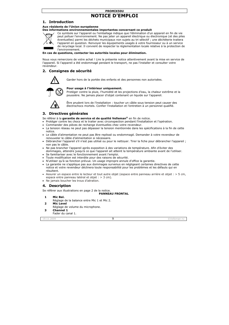 Otice d, Emploi | Velleman PROMIX50U User Manual | Page 9 / 19