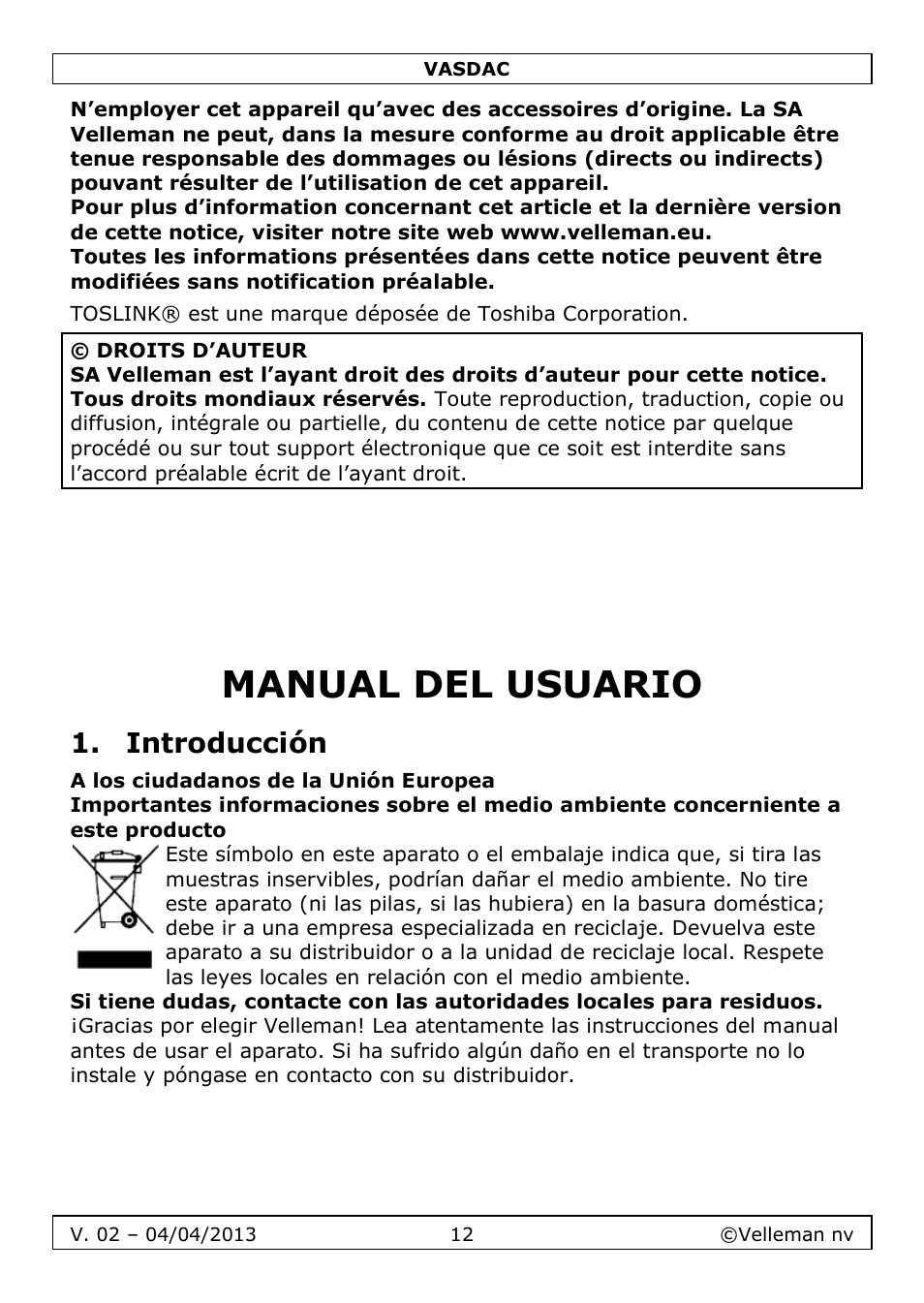 Manual del usuario, Introducción | Velleman VASDAC User Manual | Page 12 / 29